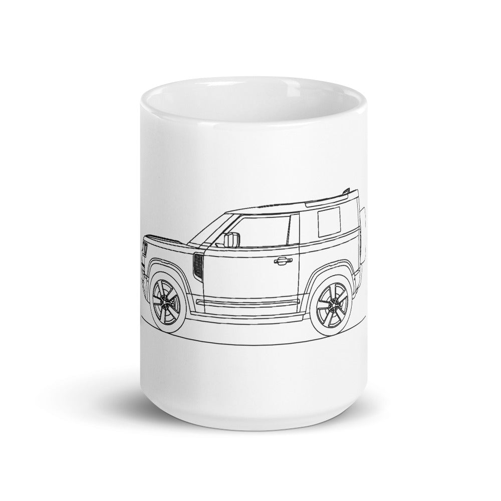 Land Rover Defender 90 L663 mug displayed.